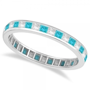 Princess-cut Blue and White Diamond Eternity Ring 14k White Gold 1.26ct - All