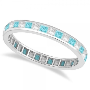 Princess-cut Aquamarine and Diamond Eternity Ring 14k White Gold 1.26ct - All