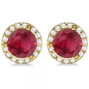 Diamond and Ruby Earrings Halo 14K Yellow Gold 1.15ct - All
