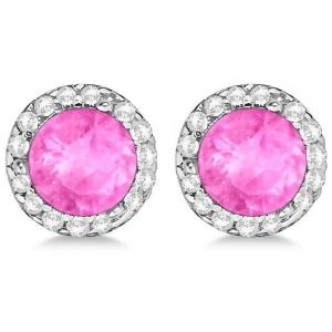 Diamond and Pink Sapphire Earrings Halo 14K White Gold 1.15ct - All