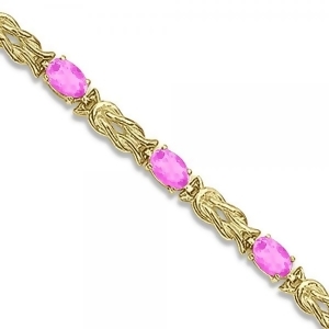 Oval Pink Sapphires Love Knot Link Bracelet 14k Yellow Gold 5.50ct - All