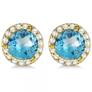 Diamond and Blue Topaz Earrings Halo 14K Yellow Gold 1.15ct - All