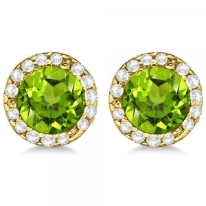 Diamond and Peridot Earrings Halo 14K Yellow Gold 1.15ct - All