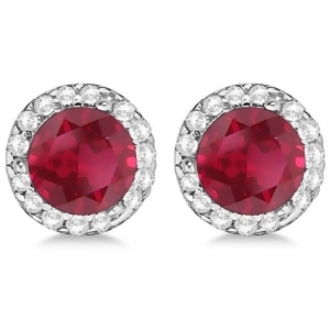 Diamond and Ruby Earrings Halo 14K White Gold 1.15ct - All