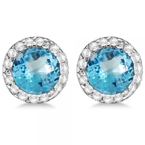 Diamond and Blue Topaz Earrings Halo 14K White Gold 1.15ct - All