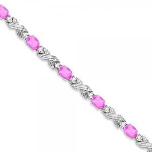 Pink Sapphire and Diamond Xoxo Link Bracelet in 14k White Gold 6.65ct - All