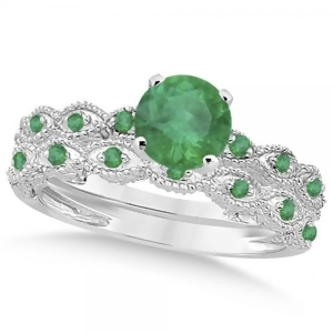 Vintage Emerald Engagement Ring Bridal Set 14k White Gold 1.36ct - All