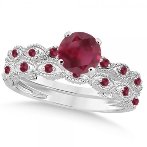 Vintage Style Ruby Engagement Ring Bridal Set 14k White Gold 1.36ct - All