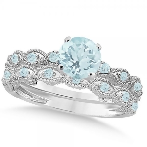 Vintage Aquamarine Engagement Ring Bridal Set 14k White Gold 1.36ct - All
