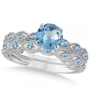 Vintage Blue Topaz Engagement Ring Bridal Set 14k White Gold 1.36ct - All