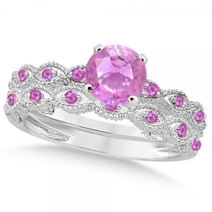 Vintage Pink Sapphire Engagement Ring Bridal Set 14k White Gold 1.36ct - All