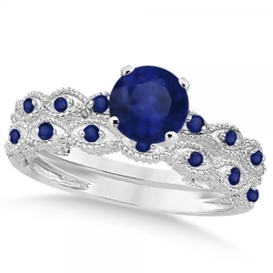 Vintage Blue Sapphire Engagement Ring Bridal Set 14k White Gold 1.36ct - All