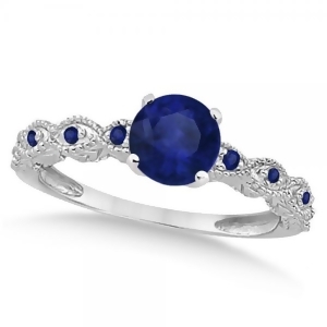 Vintage Style Blue Sapphire Engagement Ring in 14k White Gold 1.18ct - All
