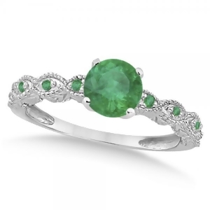 Vintage Style Emerald Engagement Ring 14k White Gold 1.18ct - All