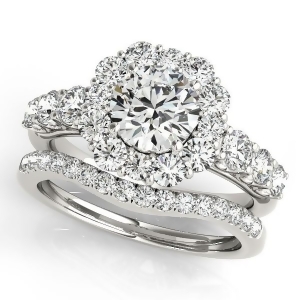 Diamond Frame Flower Ring and Band Bridal Set in 14k White Gold 2.30ct - All