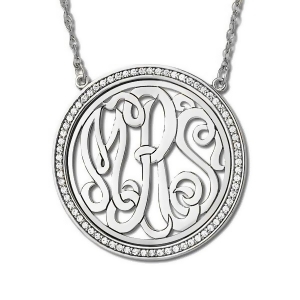 Monogram Initial Necklace with Diamond Accents 14k White Gold 0.34ct - All