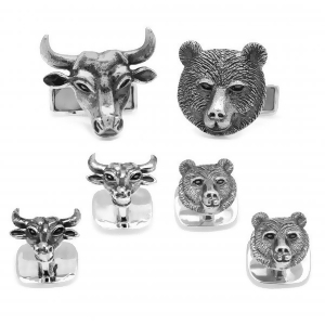 Men's Sterling Silver Engravable Bull and Bear Head Stud Set - All