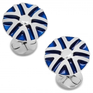 Men's Sterling Silver Plated Blue Striped Flower Cuff Links - All
