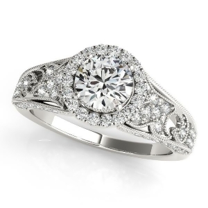 Art Deco and Milgrain Diamond Halo Engagement Ring 14k White Gold 1.18ct - All