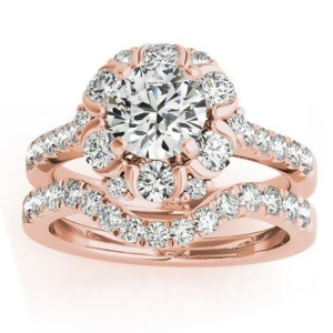 Flower Halo Diamond Ring and Band Bridal Set 14k Rose Gold 1.21ct - All