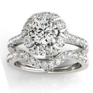 Flower Halo Diamond Ring and Band Bridal Set 14k White Gold 1.21ct - All