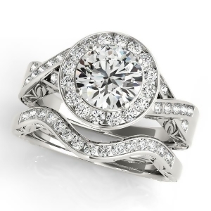 Antique Infinity Halo Diamond Bridal Ring Set 14k White Gold 1.80ct - All
