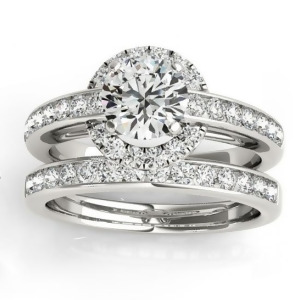 Diamond Halo Engagement Ring Setting Bridal Set 14k W. Gold 0.63ct - All