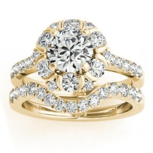 Flower Halo Diamond Ring and Band Bridal Set 14k Yellow Gold 1.21ct - All