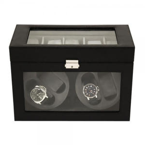 Unisex Black Leather Glass Top Velour Lining Watch Winder - All