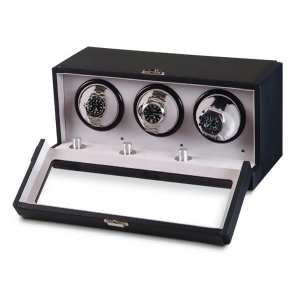 Unisex Black Faux Leather Suede Lining Three Turnable Watch Winder - All