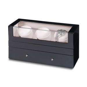 Unisex Black Gloss Finish Watch Winder for Three Watches with Drawers - All