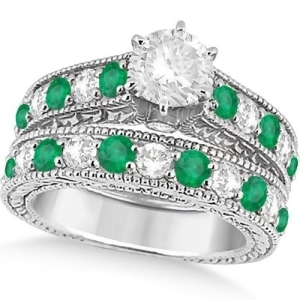Antique Diamond and Emerald Bridal Ring Set in Platinum 3.51ct - All