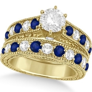 Antique Diamond and Blue Sapphire Bridal Ring Set 14k Yellow Gold 3.87ct - All