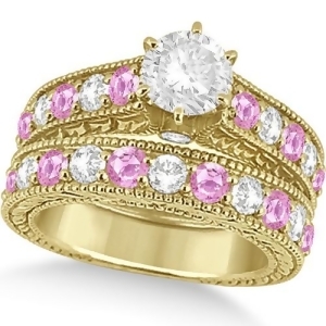 Antique Diamond and Pink Sapphire Bridal Ring Set 18k Yellow Gold 3.87ct - All