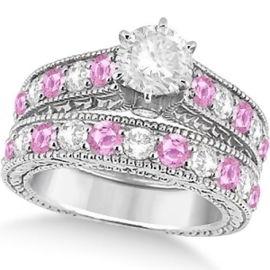 Antique Diamond and Pink Sapphire Bridal Ring Set 14k White Gold 3.87ct - All