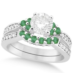 Floral Diamond and Emerald Bridal Set in 18k White Gold 1.06ct - All