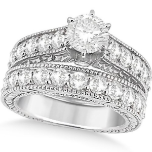 Antique Diamond Wedding and Engagement Ring Set 18k White Gold 3.15ct - All