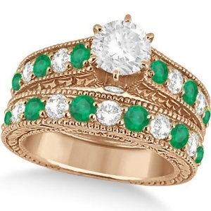 Antique Diamond and Emerald Bridal Ring Set 18k Rose Gold 3.51ct - All