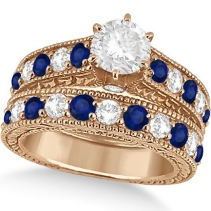 Antique Diamond and Blue Sapphire Bridal Ring Set 14k Rose Gold 3.87ct - All