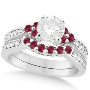 Floral Diamond and Ruby Engagement Ring and Band 14k White Gold 1.00ct - All