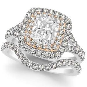 Double Halo Cushion Diamond Bridal Set in 14k Two-Tone Gold 2.20ct - All