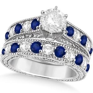 Antique Diamond and Blue Sapphire Bridal Ring Set 14k White Gold 3.87ct - All