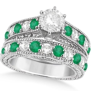 Antique Diamond and Emerald Bridal Ring Set 18k White Gold 3.51ct - All
