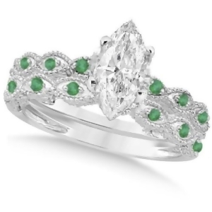 Marquise Antique Diamond and Emerald Bridal Set 14k White Gold 1.58ct - All