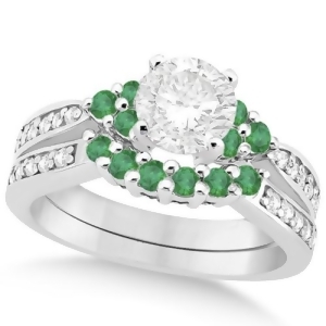 Floral Diamond and Emerald Bridal Set in 14k White Gold 1.06ct - All
