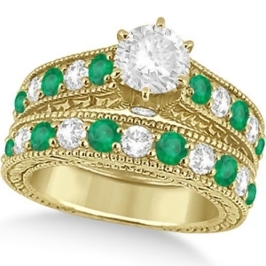Antique Diamond and Emerald Bridal Ring Set 18k Yellow Gold 3.51ct - All