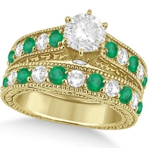 Antique Diamond and Emerald Bridal Ring Set 14k Yellow Gold 3.51ct - All