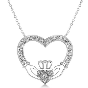Women's Diamond Irish Claddagh Necklace 14k White Gold 0.25ct - All