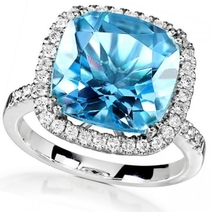 Blue Topaz Gemstone Ring with Diamond Halo 14K White Gold 5.10ct - All