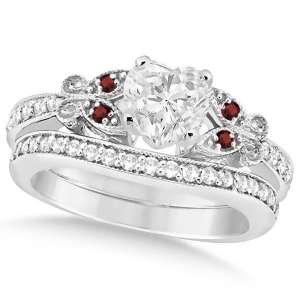 Heart Diamond and Garnet Butterfly Bridal Set in 14k W Gold 0.96ct - All